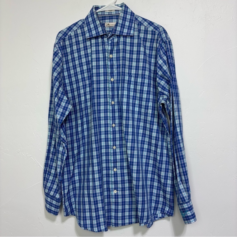 Peter Millar Blue Plaid Check Button Up Dress Shirt Men's Large Cotton Casual